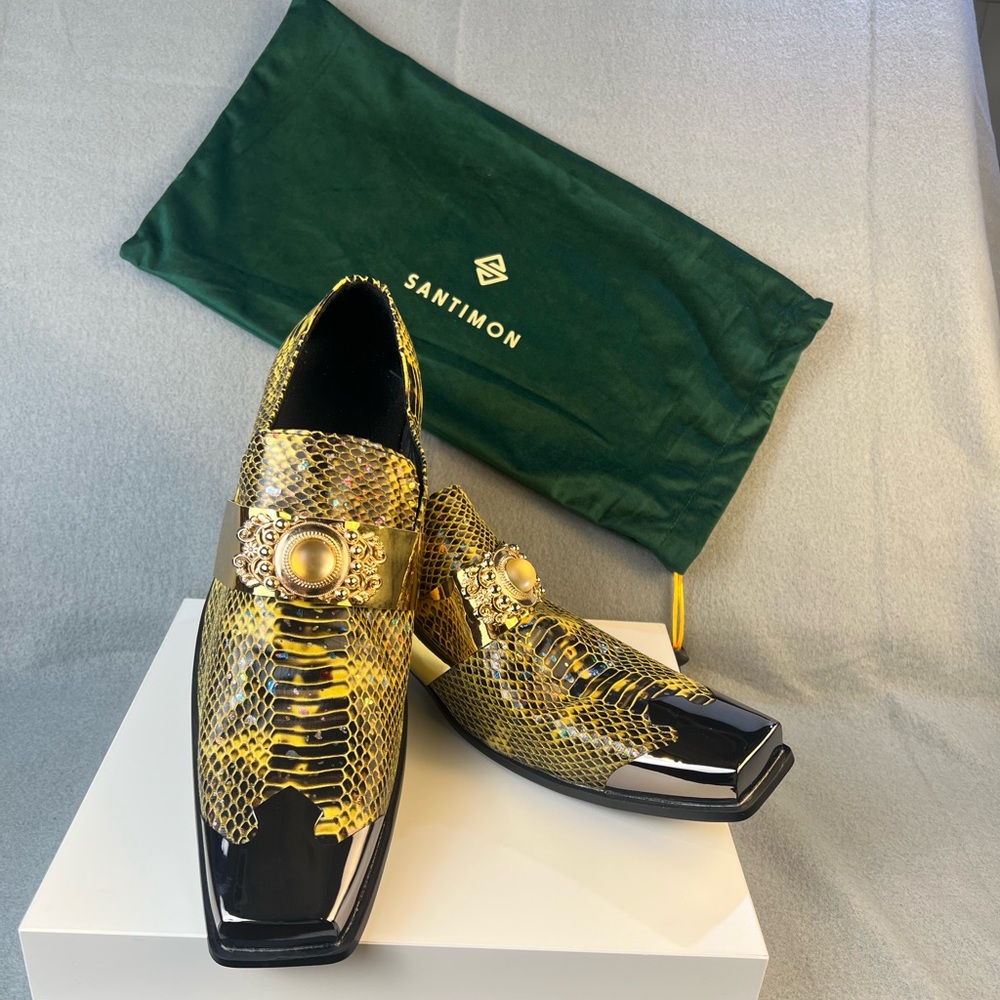 Santimon Men's Black and Gold Dress Shoes